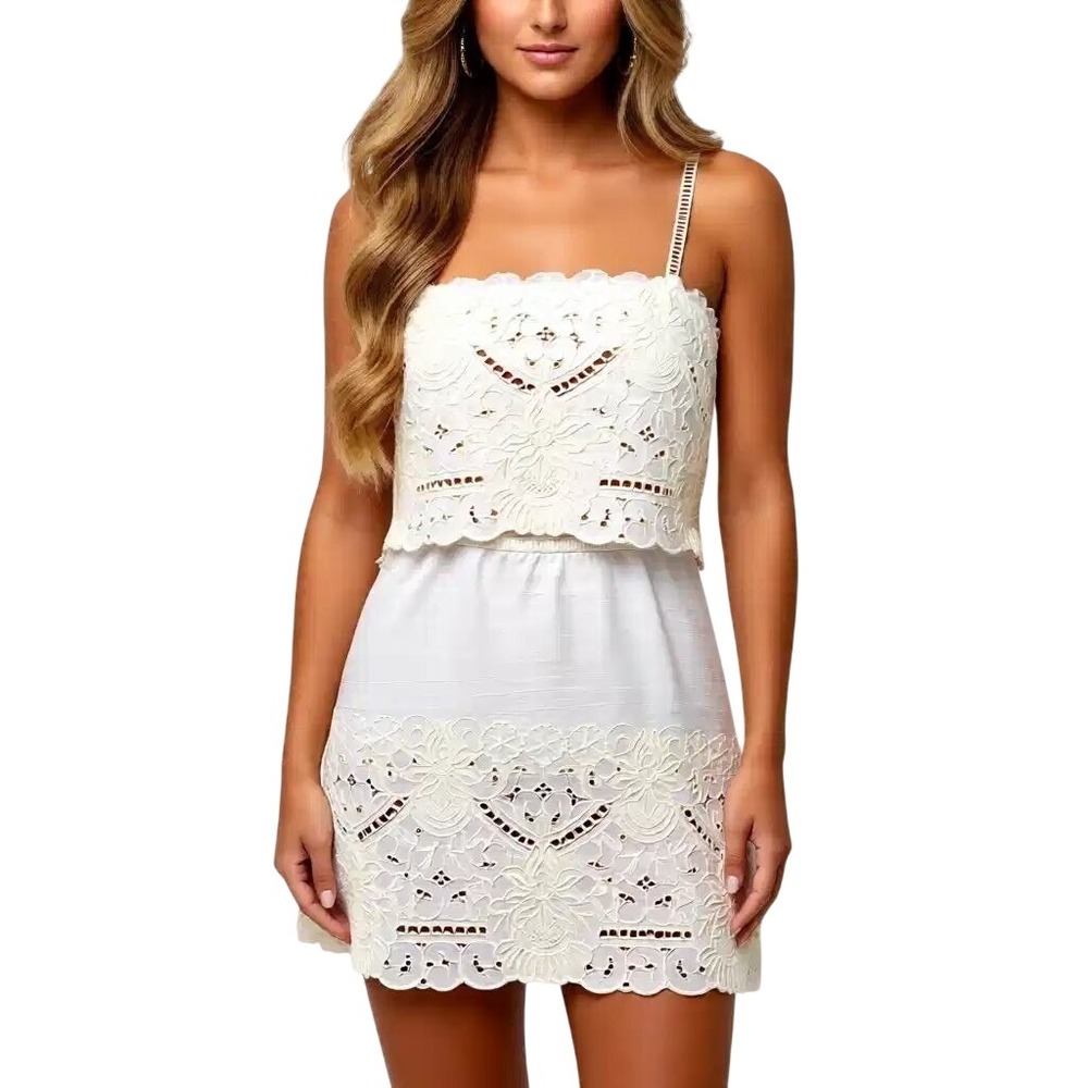 Chelsea & Violet Ivory Eyelet Lace Mini Dress Two Tier Embroidered Skirt XSm NWT